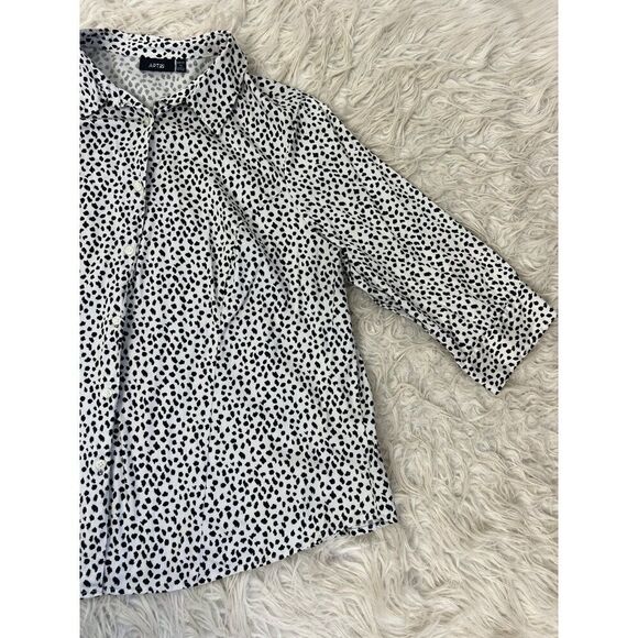 Apt. 9 Women Plus Size 1X White & Black Polkadot Speckle Button Up Blouse Shirt - Picture 10 of 13